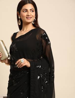 black floral sequins georgette party wear saree 2