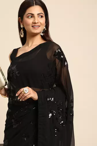 black floral sequins georgette party wear saree