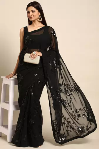 black floral sequins georgette party wear saree