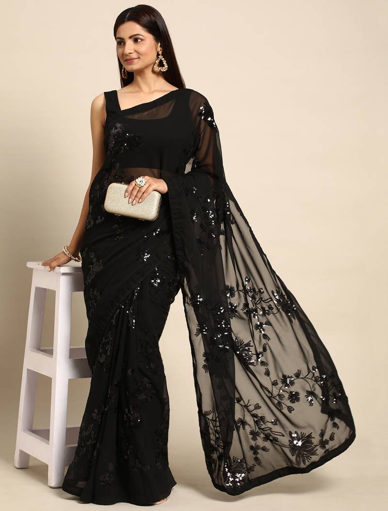 Black floral sequins embroidered georgette party wear saree with blouse piece
