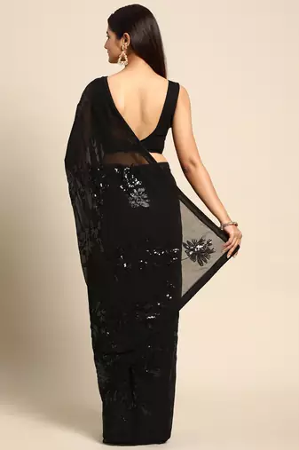 black floral sequins georgette party wear saree