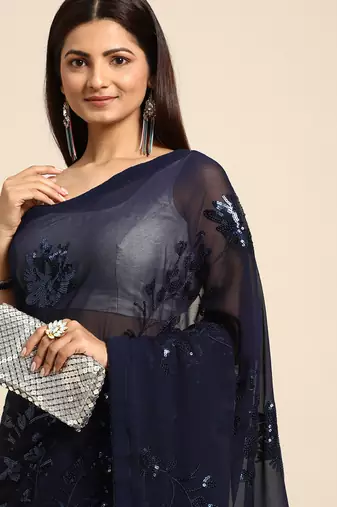 blue floral sequins georgette party wear saree