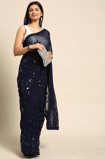 Blue floral sequins embroidered georgette party wear saree with blouse piece