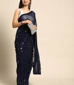 blue floral sequins georgette party wear saree