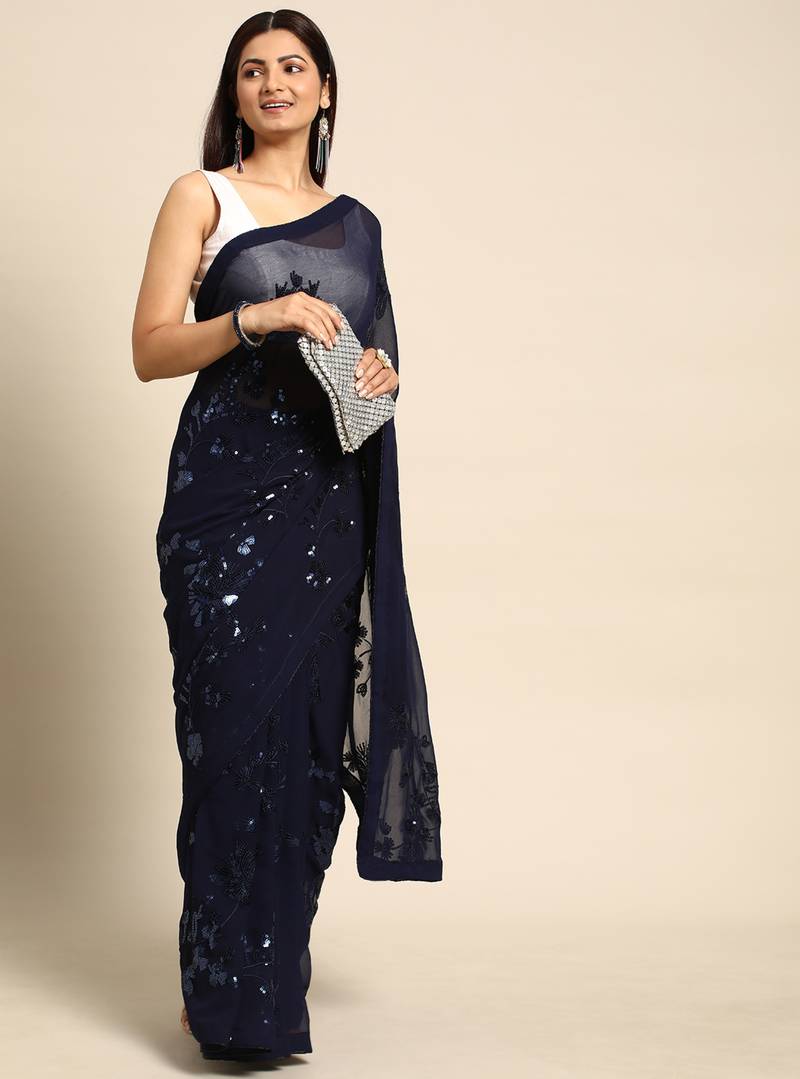 Blue floral sequins embroidered georgette party wear saree with blouse piece
