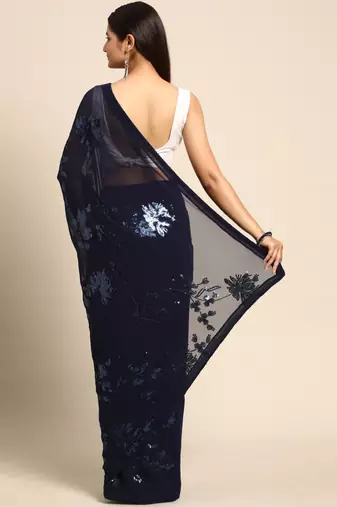 blue floral sequins georgette party wear saree