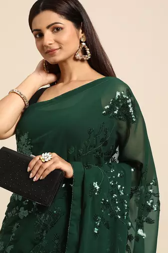 green floral sequins georgette party wear saree
