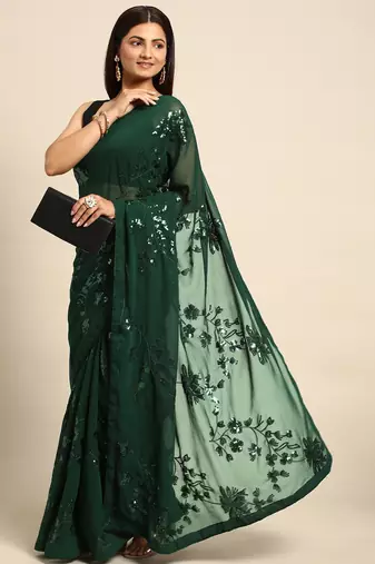 Green floral sequins embroidered georgette party wear saree with blouse piece