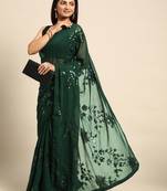 green floral sequins georgette party wear saree