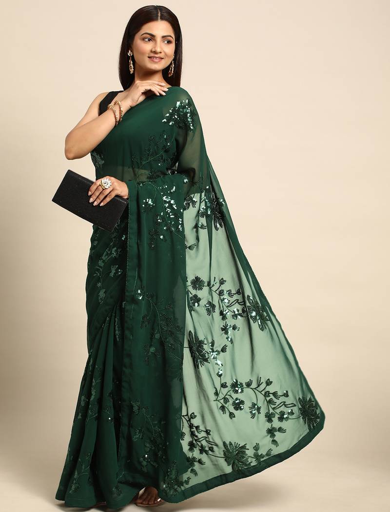 Green floral sequins embroidered georgette party wear saree with blouse piece