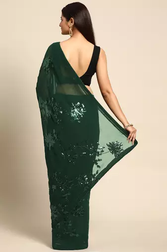 green floral sequins georgette party wear saree