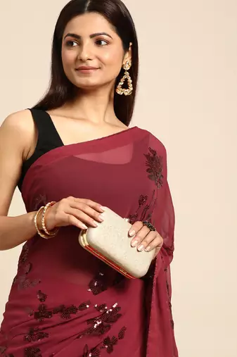 maroon floral sequins georgette party wear saree