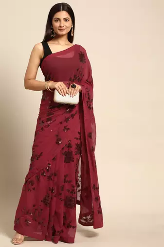 maroon floral sequins georgette party wear saree
