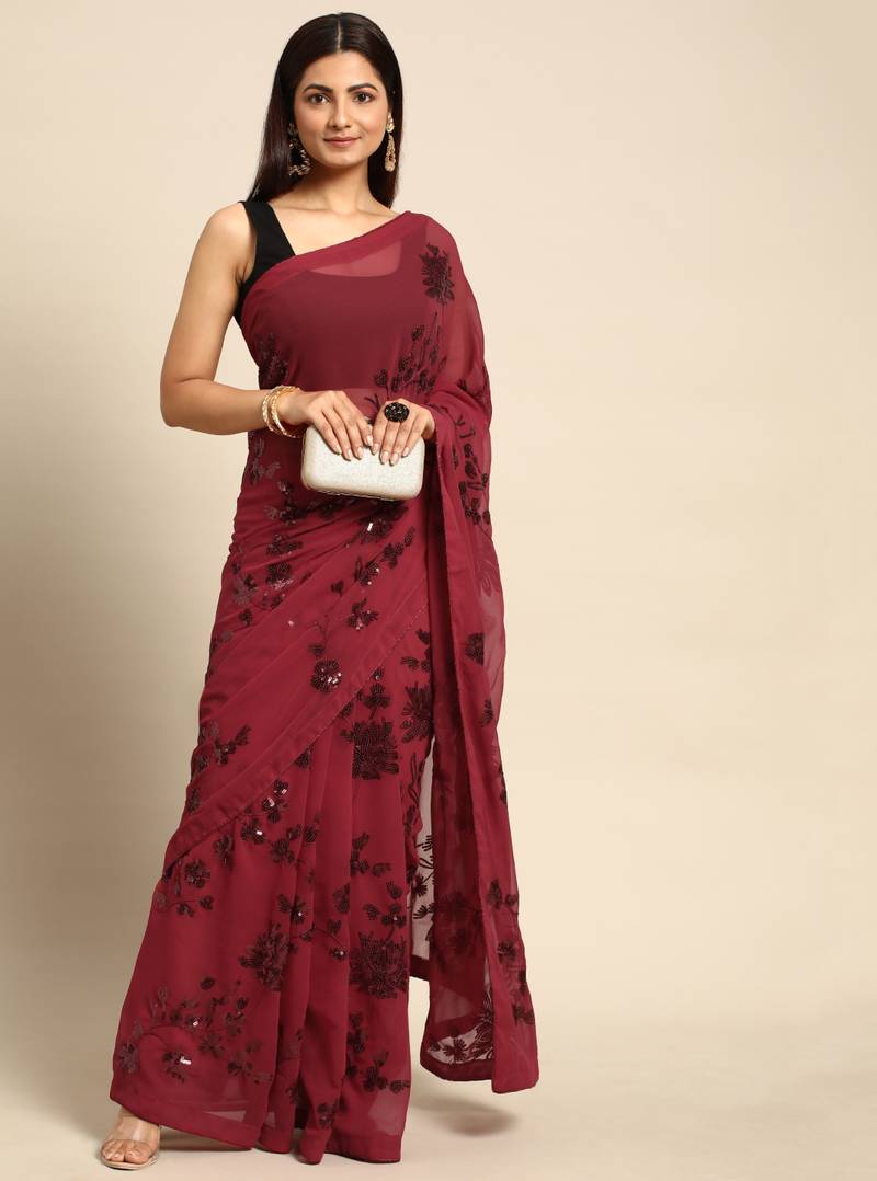 Maroon floral sequins embroidered georgette party wear saree with blouse piece