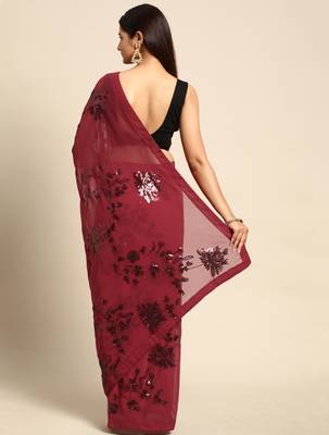 maroon floral sequins georgette party wear saree 3