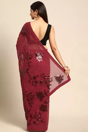maroon floral sequins georgette party wear saree