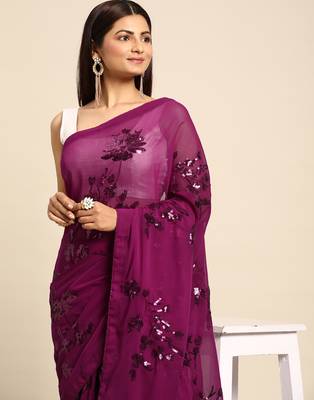 rani pink floral sequins georgette party wear saree 2
