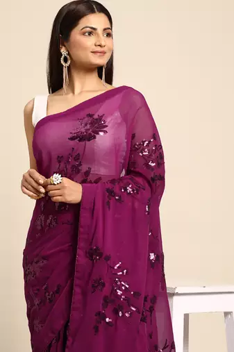 rani pink floral sequins georgette party wear saree