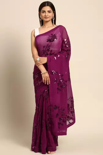 rani pink floral sequins georgette party wear saree