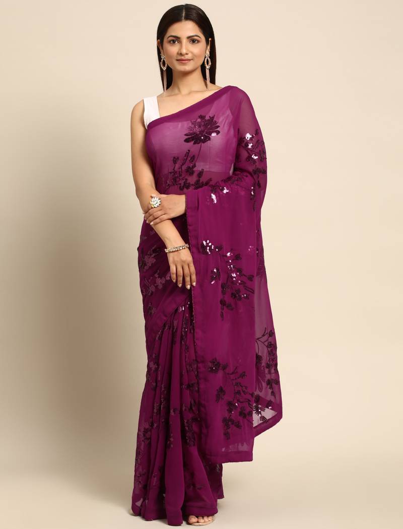 Rani floral sequins embroidered georgette party wear saree with blouse piece