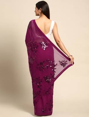 rani pink floral sequins georgette party wear saree 3