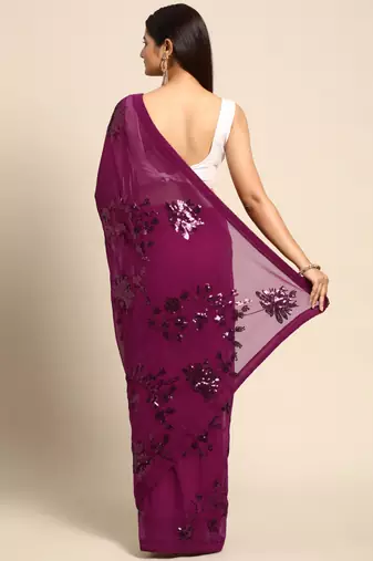 rani pink floral sequins georgette party wear saree