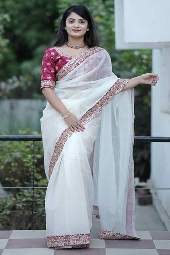 Off White Color  Sequins and Jari Dori Embroidered Work Silk Saree