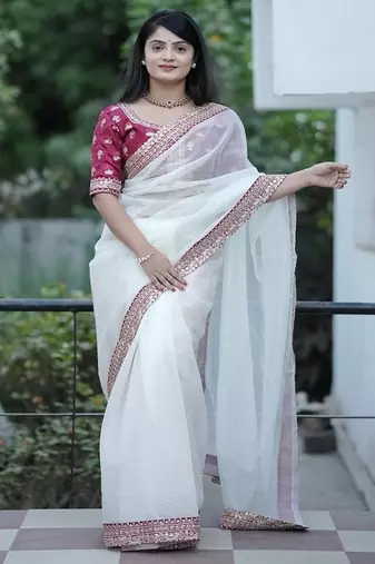 Off White Color  Sequins and Jari Dori Embroidered Work Silk Saree