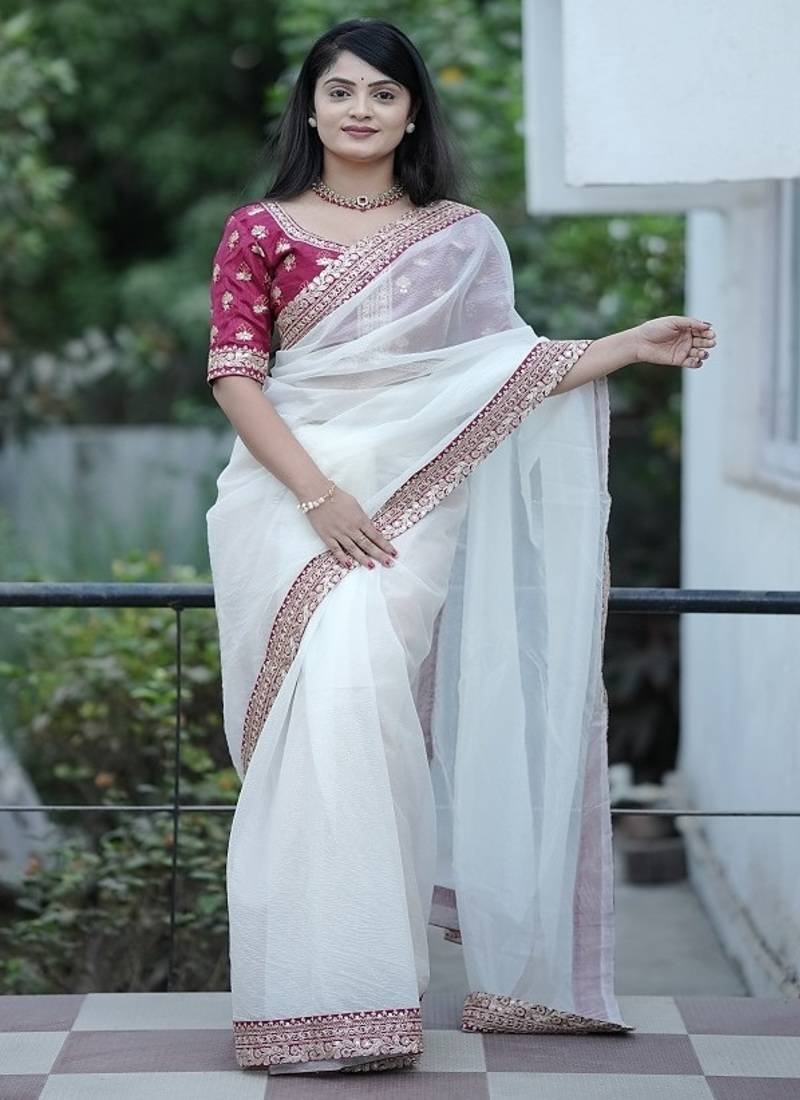 Off White Color  Sequins and Jari Dori Embroidered Work Silk Saree