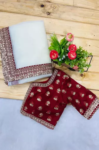 off white banarasi crush silk sequins saree