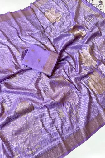 Lavender Color Silver Golden Jari Jaqurad Weaving Work  Georgette Saree 
