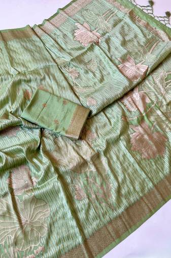 Light Green  Color Silver Golden Jari Jaqurad Weaving Work  Georgette Saree 