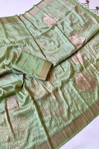 Light Green  Color Silver Golden Jari Jaqurad Weaving Work  Georgette Saree 