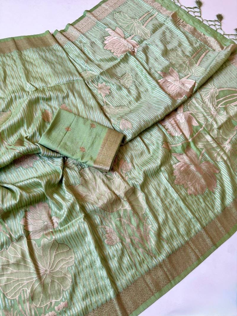 Light Green  Color Silver Golden Jari Jaqurad Weaving Work  Georgette Saree 