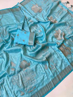Sky Blue  Color Silver Golden Jari Jaqurad Weaving Work  Georgette Saree  1