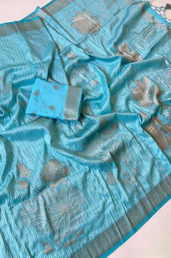 Sky Blue  Color Silver Golden Jari Jaqurad Weaving Work  Georgette Saree 