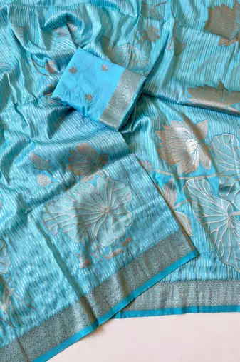 Sky Blue  Color Silver Golden Jari Jaqurad Weaving Work  Georgette Saree 