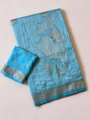 Sky Blue  Color Silver Golden Jari Jaqurad Weaving Work  Georgette Saree  3