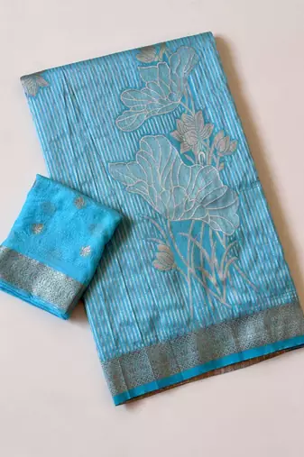Sky Blue  Color Silver Golden Jari Jaqurad Weaving Work  Georgette Saree 