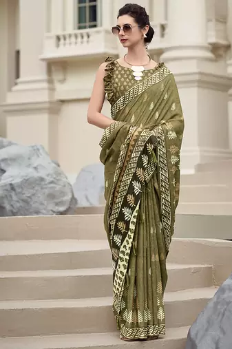 Olive pure mal mal silk saree
