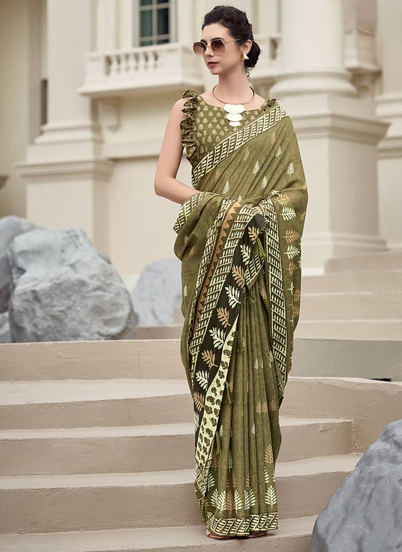 Olive pure mal mal silk saree