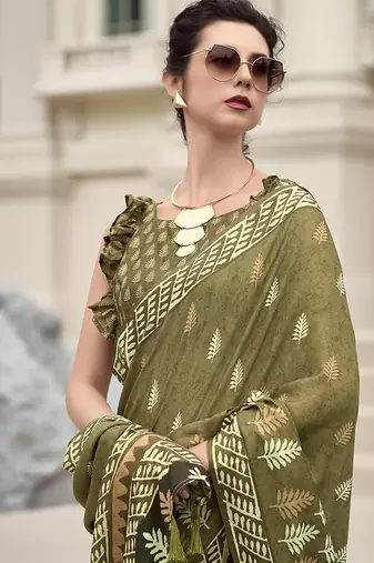 Olive pure mal mal silk saree