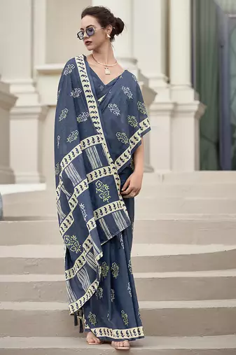 Navy blue pure mal mal silk saree