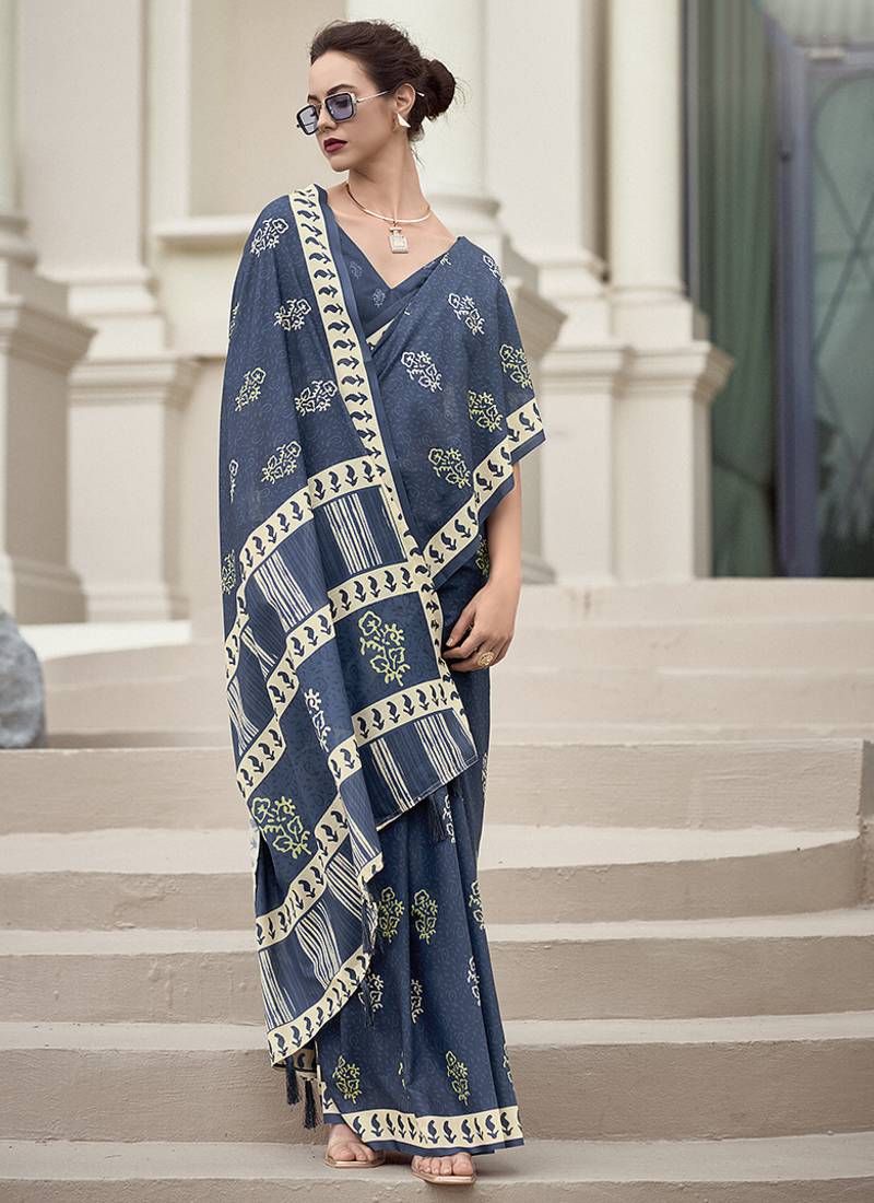 Navy blue pure mal mal silk saree