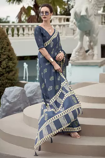 Navy blue pure mal mal silk saree
