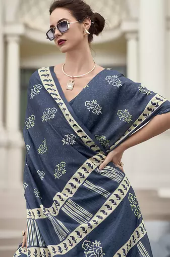 Navy blue pure mal mal silk saree