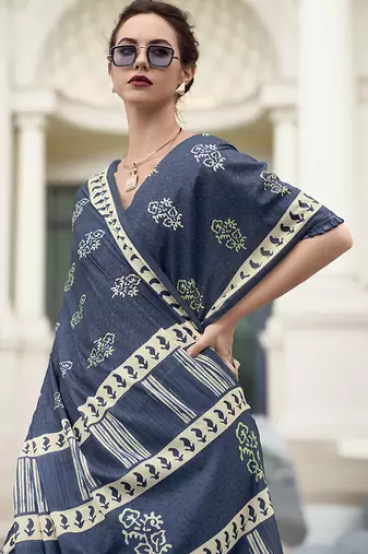 Navy blue pure mal mal silk saree