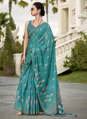 Turquoise pure mal mal silk saree 1