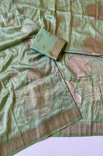 Light Green  Color Silver Golden Jari Jaqurad Weaving Work  Georgette Saree 