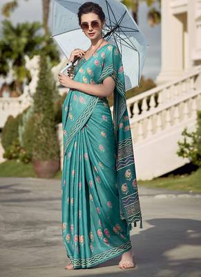 Turquoise pure mal mal silk saree 2